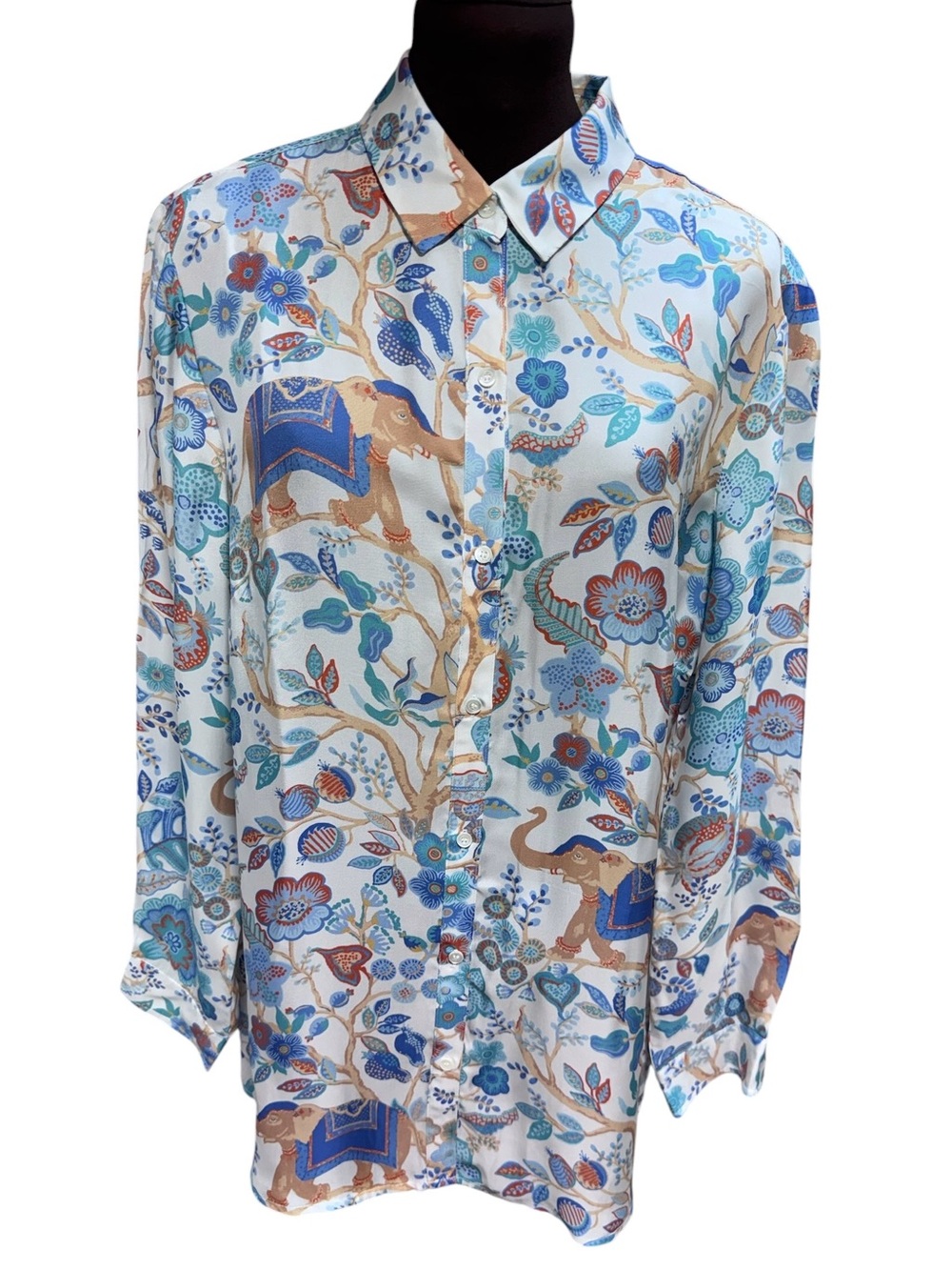 J. McLaughlin Women’s L Silk Blend Elephant Tree of Life Floral Shirt Blouse